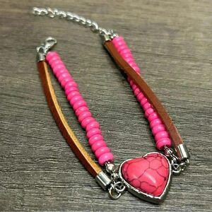Silver Tone Pink Beads Leather Bands and Pink Heart Stone Bracelet